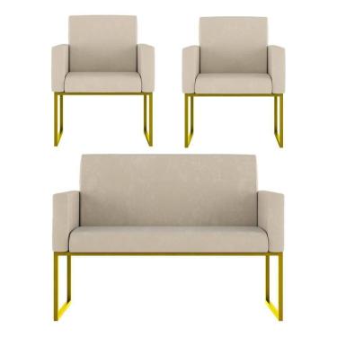 Imagem de Kit 2 Poltronas + Namoradeira Lugares Recepção Base Dourada Bege