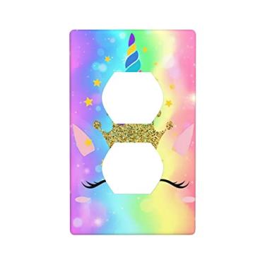 Imagem de Capa de placa de interruptor de luz dourada de unicórnio com rosto de princesa arco-íris rosa azul amarelo impressão decorativa (capa de tomada dupla para interruptor elétrico de grupo único)
