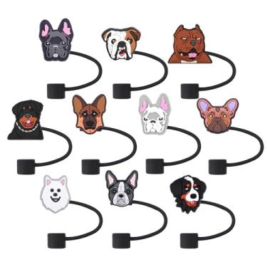 Imagem de 10 peças de cobertura de palha para cães fofos para copos Stanley, capas de palha de silicone de animais adoráveis de 10 mm para copos de 30 e 1,134 g com alça, tampa de cobertura de palha