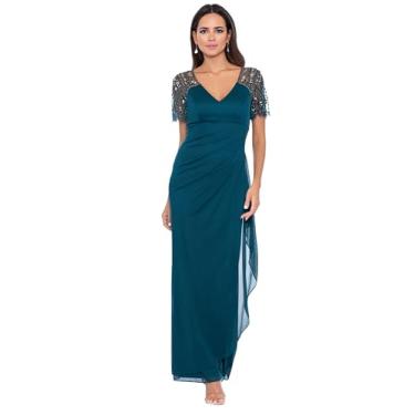 Imagem de Xscape Vestido longo feminino com decote em V e manga esvoaçante transparente fosco jersey, Verde esmeralda, 42