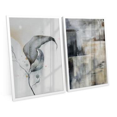 Imagem de Quadro Flor E Pinceladas Cinzas Abstrato Moderno Para Quarto - Bimper 