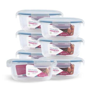Imagem de Kit 7 Potes Hermético Redondo De Vidro Com 4 Travas 1300ml - NABOX, Az