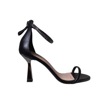 Imagem de Sandália Salto Alto Fino Social Preta em Couro Tira Strass