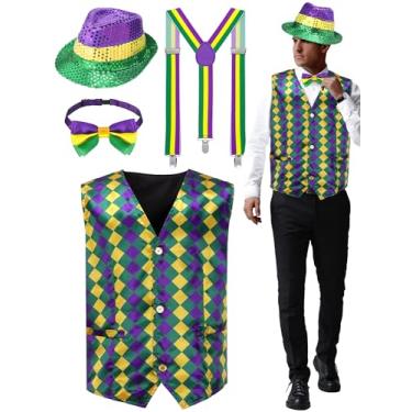 Imagem de ShinyMatch Conjunto de 4 peças de colete masculino de carnaval com suspensórios para adultos, conjunto de acessórios de gravata borboleta para desfile de carnaval de carnaval (2GG)