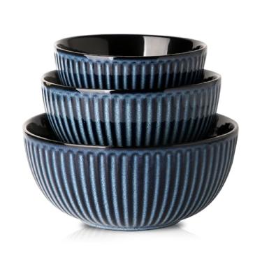 Imagem de HASENSE Tigelas de mistura de 3, tigelas com nervuras de porcelana 1,5/1/0,5 litros para cozinha, cozinhar, assar e servir tigelas de preparação para salada, macarrão, cozinha moderna, lava-louças e