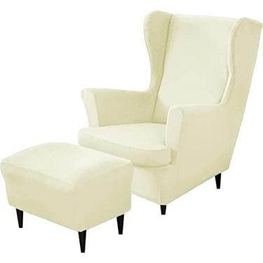 Imagem de Conjunto de capas de cadeira com asa elástica, 2 capas para cadeira com encosto traseiro e 1 capa otomana, capa removível para cadeira com encosto retangular para sala de estar e quarto (Lvory White)