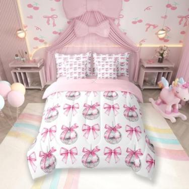 Imagem de Conjunto de cama solteiro de 7 peças com laço de desenho animado, borboleta e nó de princesa, bola de discoteca retrô rosa e branco (edredom + lençol de cima + 2 fronhas + 2 fronhas de travesseiro)