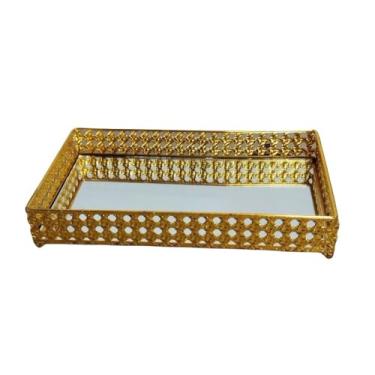 Imagem de Bandeja Decorativa de Luxo com Espelho em Metal, Retangular, para Banheiro, Lavabo ou Multiuso (Palha Dourado)