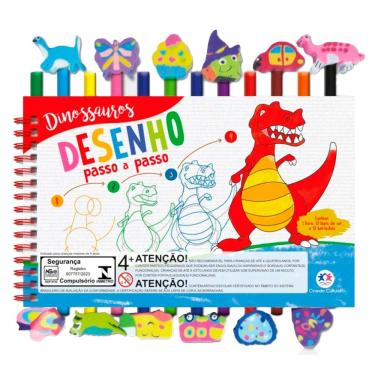 Imagem de Livro com Desenhos Passo a Passo para Colorir Dinossauros + 12 Lápis de Cor