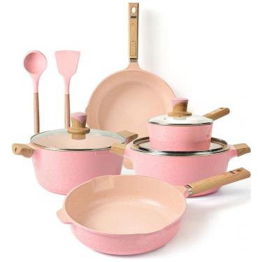 Imagem de YIIFEEO Conjunto de Panelas Antiaderentes de Pedra e Utensílios, 7 Peças, Rosa