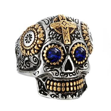 Imagem de Inrang Anel masculino de aço inoxidável prata ouro gótico cruz caveira verde vintage flor esculpida dia das bruxas