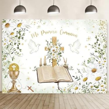 Imagem de My First Communion Jesus Cross Holy Bible Flowers Green Eucalyptus Leaves Photography Background Baby Shower Party Banner Decoração Suprimentos Photo Booth Adereços (2,1 x 1,5 m)
