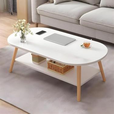 Imagem de Mesa de centro moderna de 2 andares, mesa de centro de madeira, oval de meados do século, com prateleira de armazenamento para sala de estar de apartamentos pequenos, A, 80 x 40 x 42 cm