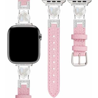 Imagem de TJCENXIN Pulseira de couro feminina compatível com Apple Watch séries 10, 9 Ultra, SE, 8, 7, 6, 5, 4, 3, 2 e 1, 42mm/44mm/45mm/49mm/46mm(series 10), Couro, cristal