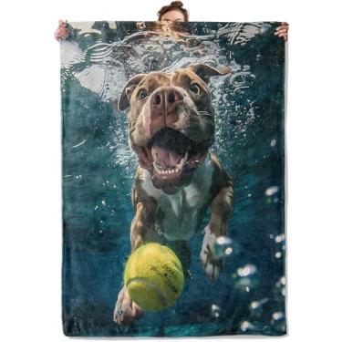 Imagem de TRYYN Cobertor Pitbull subaquático para sofá, piquenique, acampamento, decoração ao ar livre, filhote de cachorro brincalhão com design de bola de tênis, cobertores de lã fofos, supermacios,