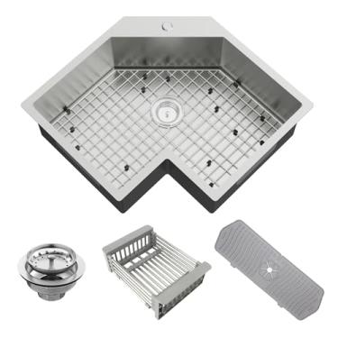 Imagem de Pia de cozinha de canto, pia de aço inoxidável de 63 cm, elegante e moderna, com grade inferior, tapete de silicone, escorredor e conjunto de dreno, boa solução para canto de cozinha e bar