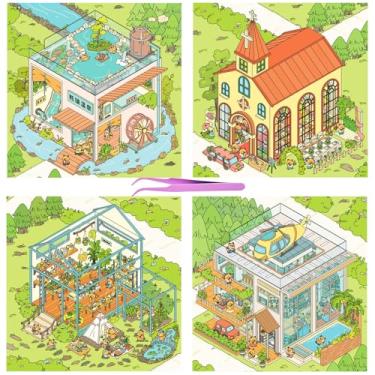Imagem de 4 conjuntos de adesivos 3D cena 3D casa adesivos com pinças, igreja, vila, primavera quente, jardim, cenas, faça sua própria casa adesivos de cena em miniatura