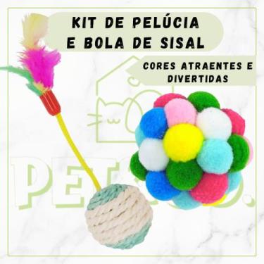 Imagem de Kit Bolinha Sisal com Pena e Bolinha de Pelúcia com Chocalho para Gato