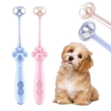 Imagem de Gluckelk Pacote com 2 escovas de dentes para cães com 3 lados, escovas de dentes para filhotes com tecnologia exclusiva de cerdas, higiene bucal para animais de estimação, para cães médios e pequenos