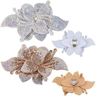 Imagem de CRASPIRE 4 peças, 2 cores, strass, flor, sapato, clipe, cristal, pingentes, fivelas destacáveis, douradas, prateadas, decoração de joias, para mulheres, casamento, sandálias, sapatilhas, sapatos