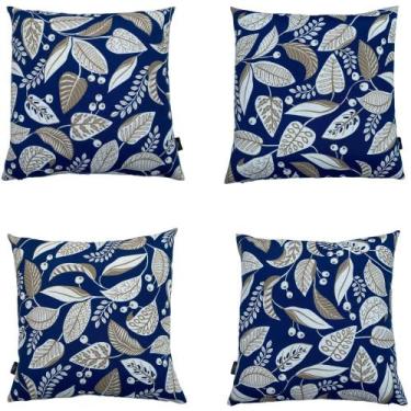 Imagem de Kit 4 Capa De Almofada Belize Folhas Bege Fundo Azul Impermeável 45cmx