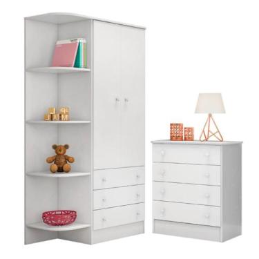 Imagem de Cômoda com 4 Gavetas e Roupeiro Amesterdã Branco Branco - CasaH