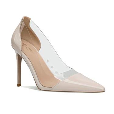 Imagem de Petit Cadeau Lenora – Sapato feminino transparente e sexy bico fino sem cadarço com salto alto stiletto de 10 cm. Feito à mão com perfeição., Creme, 12