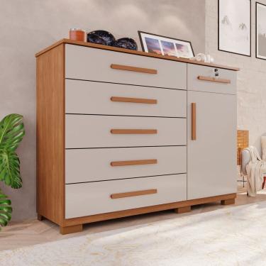 Imagem de Cômoda para Quarto 1 Portas 6 Gavetas Jade Expresso Móveis Cinamomo / Off White