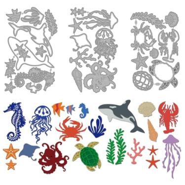 Imagem de MAYJOYDIY Estênceis de corte de vida marinha de verão, mundo submarino, metal, baleias, tartarugas, modelos de gravação em relevo de aço carbono para scrapbook, artesanato, cartões, decoração de