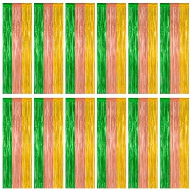 Imagem de Pacote com 12 decorações de festa havaianas, decorações de festa luau de 9 x 19 m, cortinas de franja de pano de fundo luau verde marrom amarelo, serpentina de folha, decoração de verão metálica