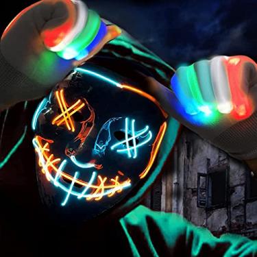 Imagem de Máscaras de terror LED que brilham intensamente de Halloween, máscaras e luvas de terror LED luvas de dedo de caveira com purpurpurinas luvas que brilham no escuro para (laranja + azul)