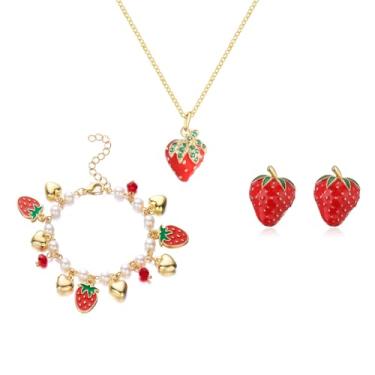 Imagem de coadipress Conjunto de 3 peças de joias de morango para mulheres, fofo, doce, morango, fruta, pingente, colar, delicado, moderno, pulseira de strass de morango, joia com pingente de festa de