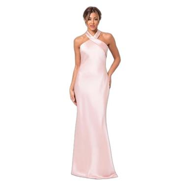 Imagem de Betsy & Adam Vestido feminino de cetim com laço no pescoço até o chão, Rosa/ouro, 44