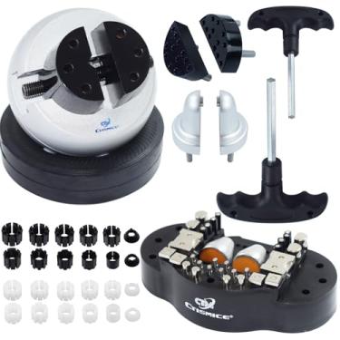 Imagem de CTISMICE Torno esférico de 12 cm, ferramenta de configuração de bloco de gravação com 2 peças de mandíbula, 32 peças de fixação de placas de pino, grampos de anel profissional para fabricação de joias