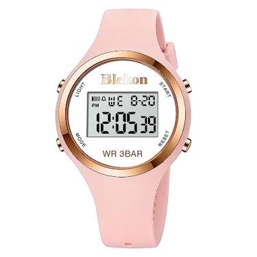 Imagem de Blekon Relógio digital feminino Orginal para esportes ao ar livre – Relógio digital feminino com luzes LED despertador/cronômetro/exibição de data e mês, relógio digital feminino 3 ATM, resistente à água, Rosa claro, Relógio digital esportivo para ambientes externos