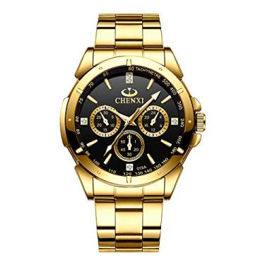 Imagem de DREAMING Q&P Fq-005 Relógio de pulso masculino de aço inoxidável dourado estilo clássico com cristais para homem, Rosto preto, Casual