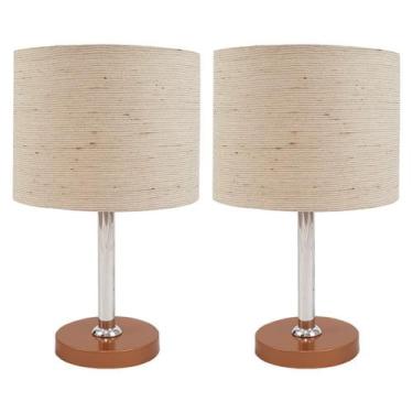 Imagem de Kit 02 Abajur Pé Redondo Alumínio Bronze Cúpula Tecido Linho - Marina 