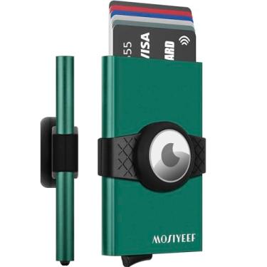 Imagem de MOSIYEEF Carteira masculina porta-cartões para AirTag – Carteira minimalista discreta pop up para homens compatível com Apple AirTag – Carteira fina de metal RFID com faixas de borracha para 10-14 cartões de crédito e dinheiro, Preto e verde, ✅ ✅ ✅ LIMITED TIME OFFER ✅ ✅ ✅, Carteira RFID com suporte