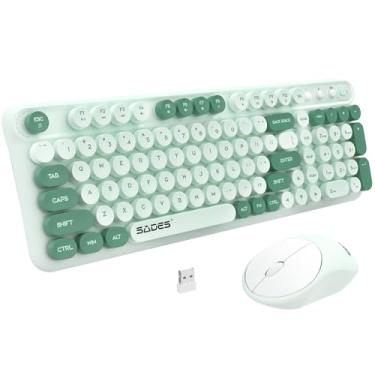 Imagem de Teclado e mouse sem fio, lindos conjuntos de teclado e mouse de máquina de escrever retrô, tamanho completo, 2,4 G, teclas redondas coloridas sem fio, com mouse silencioso para PC, Windows, laptop