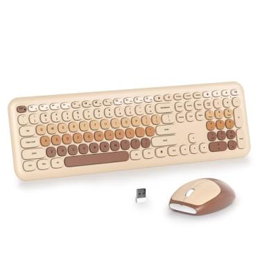 Imagem de iRoboosta Combo marrom de teclado e mouse sem fio, teclado estético de máquina de escrever de 2,4 GHz, quadro de teclado fofo de tamanho completo com teclado numérico, teclados silenciosos para casa e