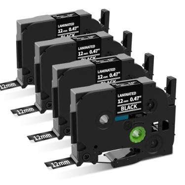 Imagem de Fita de etiqueta preta TZe-335 compatível com fita de etiqueta Brother PTouch TZ335 TZe Tz 12 mm 0,47 laminada branca em preto, para Brother P Touch PT D210 D220 H110 D600 etiquetadora, pacote com 4