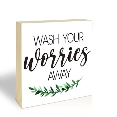 Imagem de Sinais engraçados de bloco de madeira de 12,7 cm x 12,7 cm - Green wash Your Worries Away - Decoração de mesa para casa de banho, prateleira de banheiro, sinal de caixa de madeira minimalista