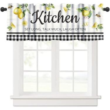 Imagem de JanJCurt Farmhouse – Saia de cozinha com limão, rústico, vintage, preto, branco, búfalo, xadrez, amarelo, folhas de limão, estampa de frutas, cortina de janela curta blackout para quarto de café, 137
