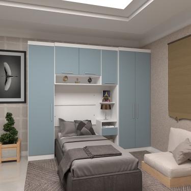Imagem de Quarto De Solteiro Com Guarda Roupas E Mesa De Cabeceira Alpes Luciane Móveis Branco Pf Com Grey Sky Pf
