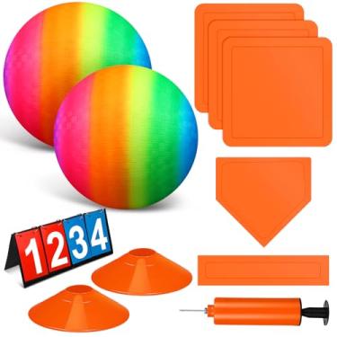 Imagem de Jenaai Conjunto de 9 peças de kickball esportivo inclui 2 peças Kickball 5 peças bases, placar flip e bomba para meninos e meninas, basquete, futebol, beisebol, tênis, jogos (cor arco-íris, 21 cm)