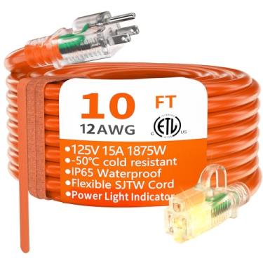 Imagem de huanchain Cabo De Extensão Externo Resistente, Calibre 12/3, 3 Metros, À Prova D'Água, Com Ponta Iluminada, Flexível, Resistente Ao Frio, Pinos, Elétrico Externo, 15 A, 1875 W, 12 Awg Sjtw, Laranja,