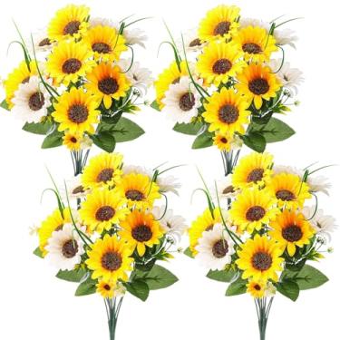 Imagem de Giegxin 4 pacotes de flores de cemitério de verão para vaso de sepultura artificial, girassol, margarida, memorial, buquê de flores de 40 cm, arranjos florais de seda falsa para decoração de centro de