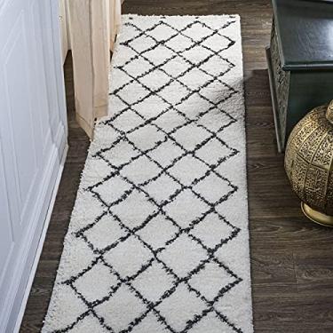 Imagem de JONATHAN Y Cami estilo marroquino Diamond Shag Branco/Preto 6 x 2,4 m. Tapete de corredor boêmio, contemporâneo, quarto de salsicha, sala de estar, cozinha