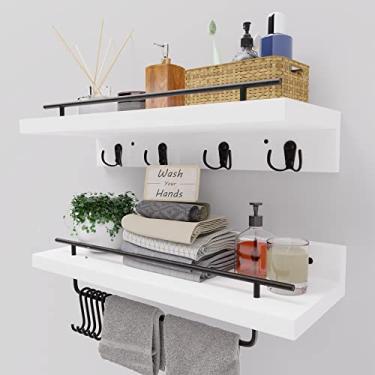 Imagem de Prateleiras flutuantes de pinho com ganchos, prateleiras flutuantes brancas para banheiro de fazenda sobre vaso sanitário, conjunto de 2 prateleiras de parede de madeira com barra de toalha removível, prateleira suspensa para cozinha, sala de estar, quarto, 40 cm de comprimento.