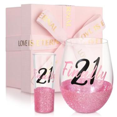 Imagem de Singhoow 2 peças de copo de vinho sem haste de aniversário de 21 anos para ela, decorações de aniversário rosa de 21 anos para mulheres, lembrancinhas de festa de aniversário de 21 anos, presente para
